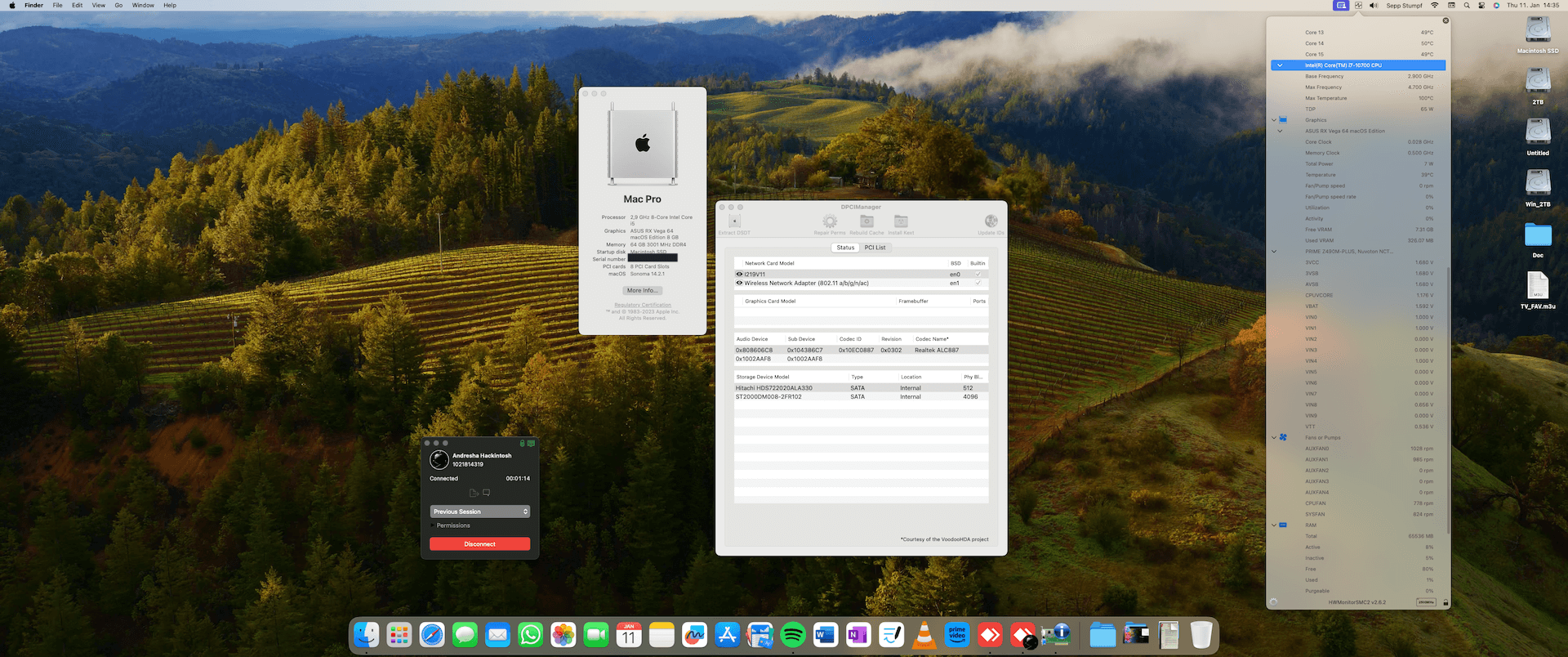 Success Hackintosh macOS Sonoma 14.2.1 Build 23C71 in Asus Prime Z490M-Plus + Intel Core i7 10700 + Asus RX Vega 64